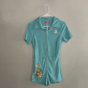 Barbie x Unique Vintage Embroidered Aqua Terry Cloth Romper Retro Pinup Kidcore